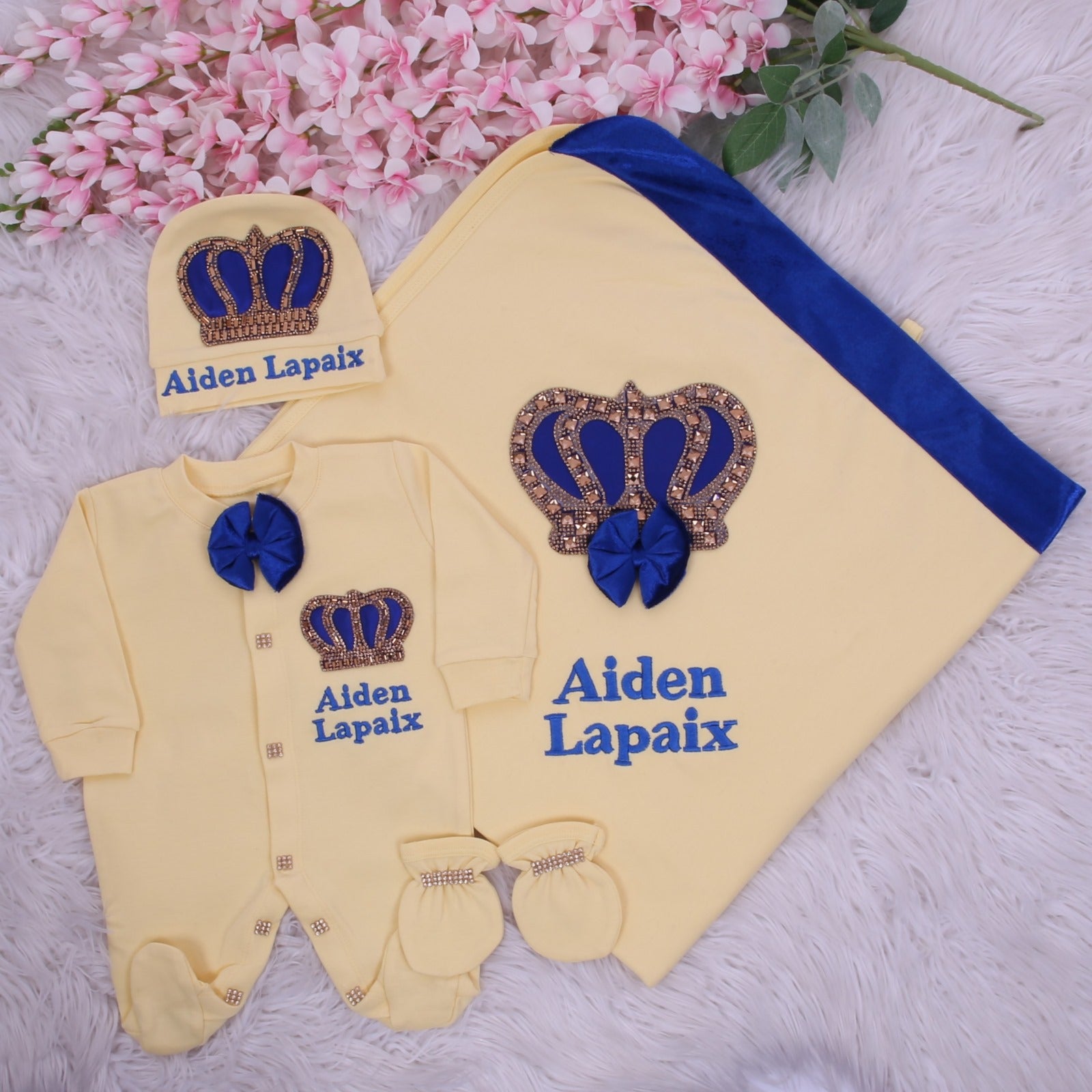 Elegant Blue and Yellow Crown Baby Set